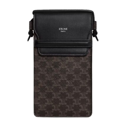 CELINE PHONE POUCH WITH FLAP IN TRIOMPHE CANVAS AND LAMBSKIN TAN