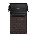 CELINE PHONE POUCH WITH FLAP IN TRIOMPHE CANVAS AND LAMBSKIN WHITE-TAN