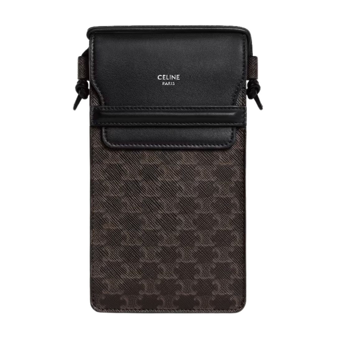 5 CELINE PHONE POUCH WITH FLAP IN TRIOMPHE CANVAS AND LAMBSKIN BLACK