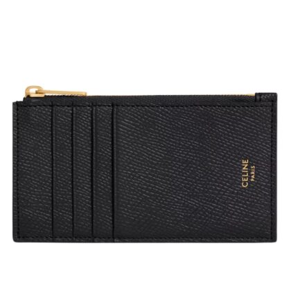 CELINE ZIPPED COMPACT CARD HOLDER ESSENTIALS IN GRAINED CALFSKIN PEBBLE