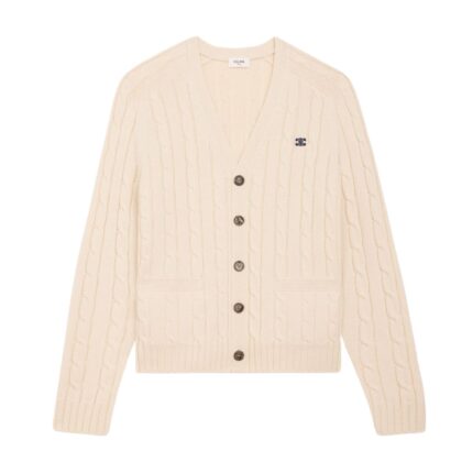 CELINE TRIOMPHE CARDIGAN IN CABLE KNIT CASHMERE LIGHT GREY
