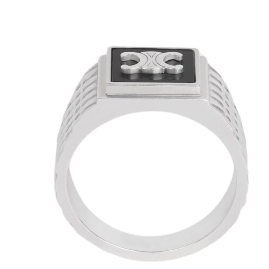 5 CELINE TRIOMPHE PYTHON SIGNET RING IN ONYX AND STERLING SILVER WITH RHODIUM FINISH