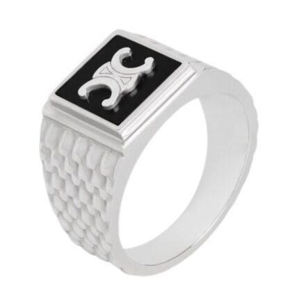 CELINE TRIOMPHE PYTHON SIGNET RING IN ONYX AND STERLING SILVER WITH RHODIUM FINISH
