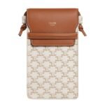 CELINE PHONE POUCH WITH FLAP IN TRIOMPHE CANVAS AND LAMBSKIN BLACK