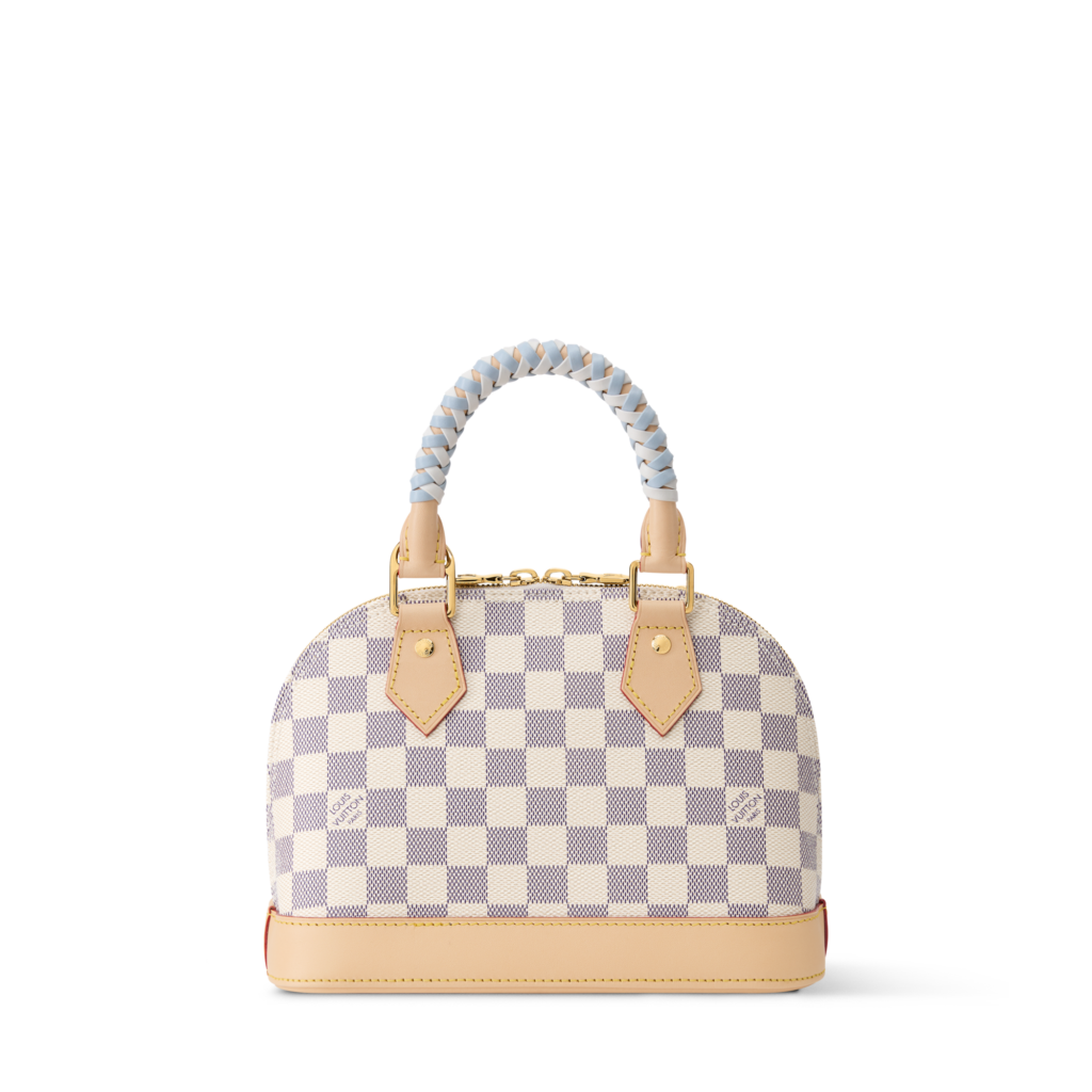 Louis Vuitton Alma BB Bag Damier Azur in signature canvas, featuring a structured silhouette, leather trim, rolled handles, gold-tone hardware, and shoulder strap.