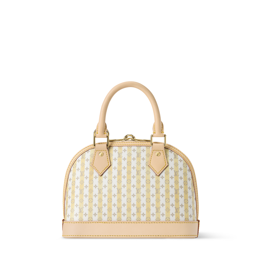 Louis Vuitton Alma BB Bag Monogram Canvas featuring the iconic structured silhouette, natural cowhide leather trim, gold-tone hardware, rolled handles, and a removable strap.